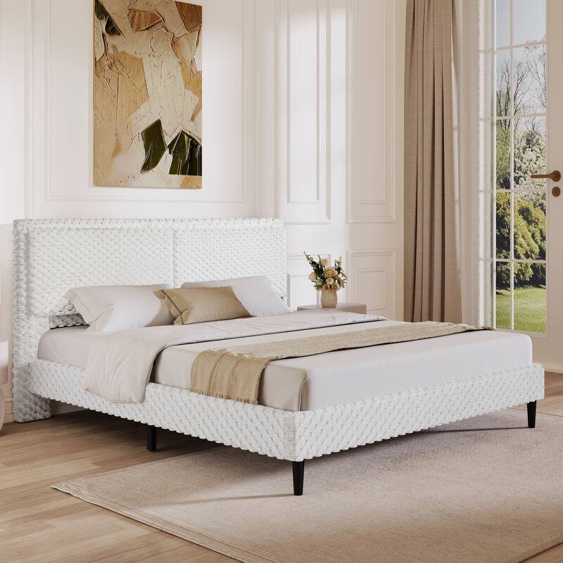 Simple Modern Fabric Platform Bed White Plush Soft Bed with Backrest, Bedroom Upholstered Bed with Metal Brackets - White-King