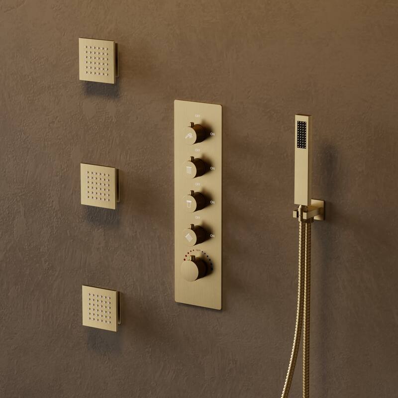 GRANDJOY Thermostatic Shower System 20" Ceiling Mount Shower Head Handheld Spray and Body Jets Combo LED Music