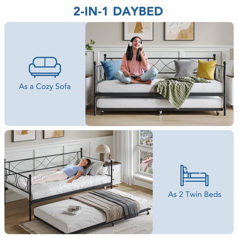 Metal Day Bed Twin Trundle Bed Frame, with Premium Steel Slat Support