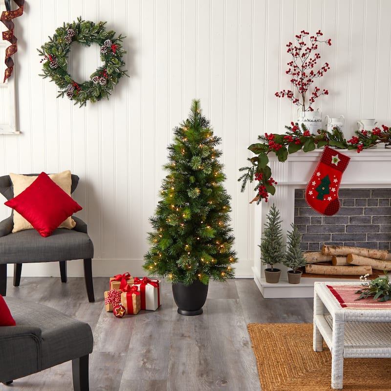 4.5Ft Artificial Christmas Tree with Lights - Pine Tree Decor with Planter & Bendable Branches - Green - 48
