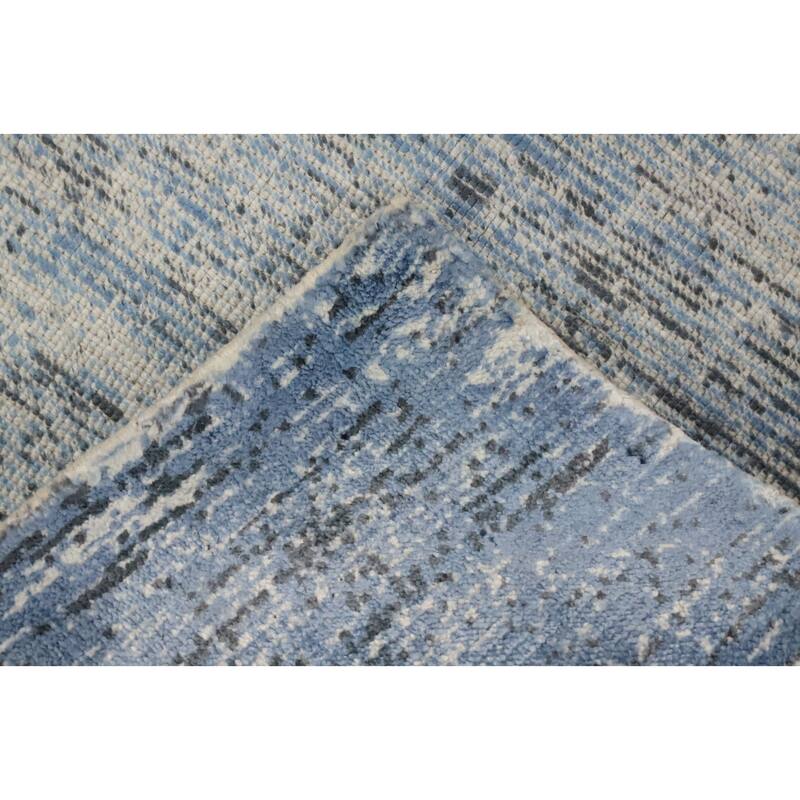 Hand Knotted Oriental Viscose Silk Carpet Modern Pictorial Navy Blue & Blues Abstract Area Rug - 7' 10'' X 5' 8''