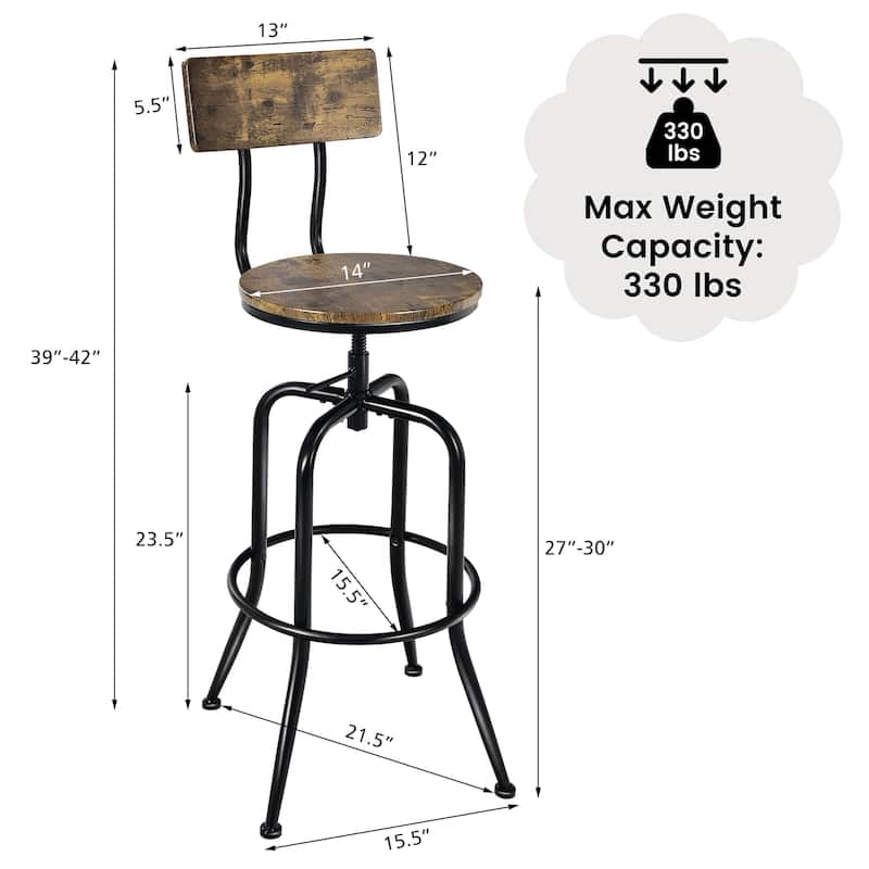 Set of 2 Bar Stools Counter Height Bar Chairs w Height Adjustable Seat