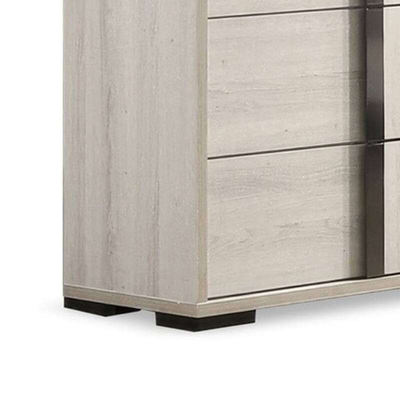 Hyao Wide Dresser, 6 Drawers w Chrome Handles, White Wash Veneer