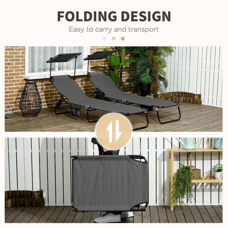 Outsunny Folding Chaise Lounge Pool Chairs with Canopy Shade, Reclining Back, Steel Frame and Side Pocket, 2 Piece