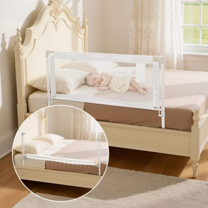 White Steel Oxford Fabric Kids Bed Rail with Lift and Washable Mesh