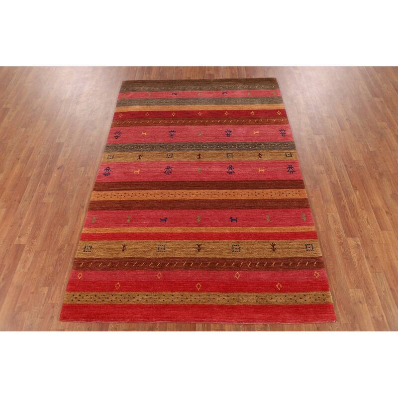 Little Animals Striped Gabbeh Indian Area Rug Hand-Knotted Wool Carpet - 5'3"x 7'10"