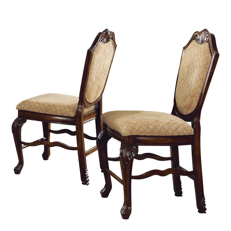 HomeRoots Set of Two 24" Beige and Espresso Fabric and Solid Wood Counter Height Bar Chairs