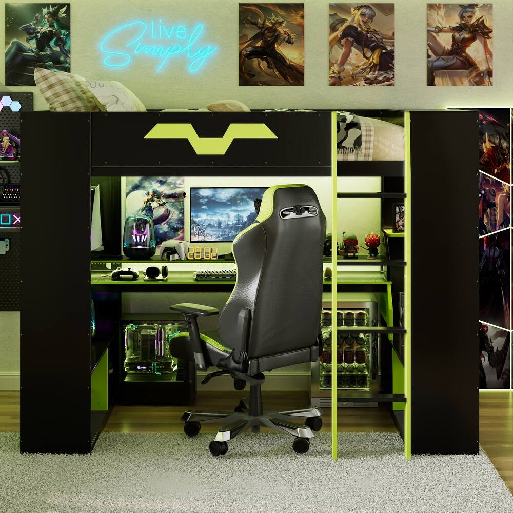 Full Size Wood Loft Bed with USB/Type-C Ports & RGB Light - Integrated Cable Management