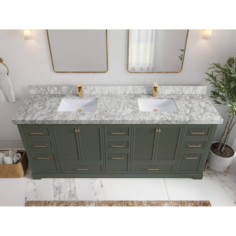 Willow Collections 84 in. W x 22 in. D Alys Double Bowl Sink Bathroom Vanity with Countertop - 2"Carrara Marble - Pewter Green