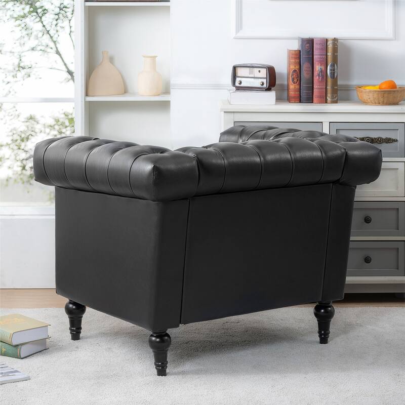 Black Modern 38.98" Upholstered Buttons Tufted Accent Chair with Gourd Shaped Birch Legs and Nailheads