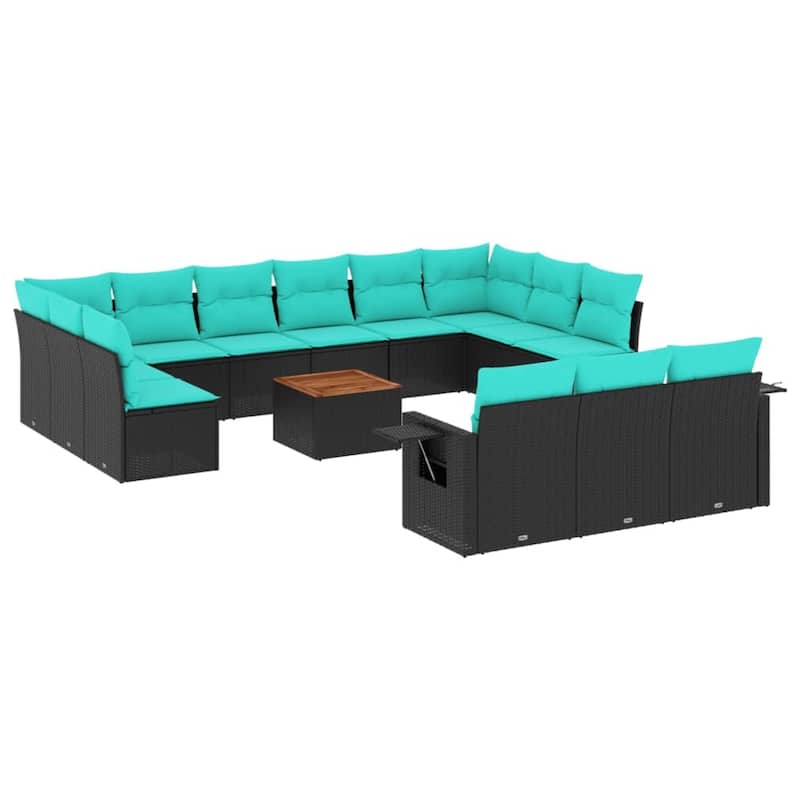 vidaXL 14 Piece Patio Sofa Set with Cushions Black Poly Rattan - 24.4 x 24.4 x 27.2