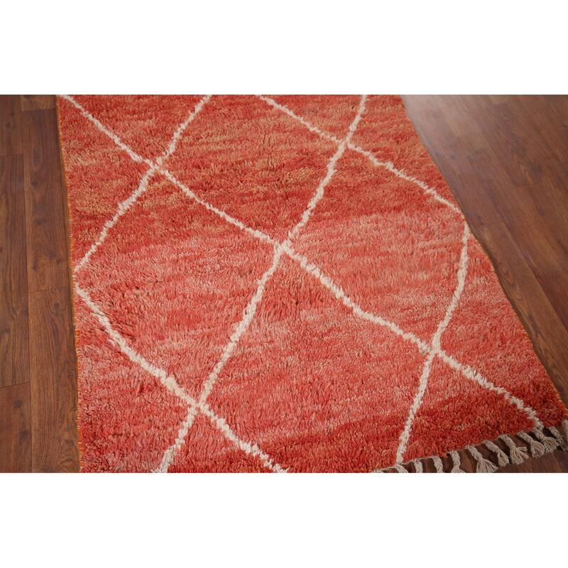Orange Plush Trellis Moroccan Accent Rug Hand-Knotted Wool Carpet - 3'1" x 5'7"