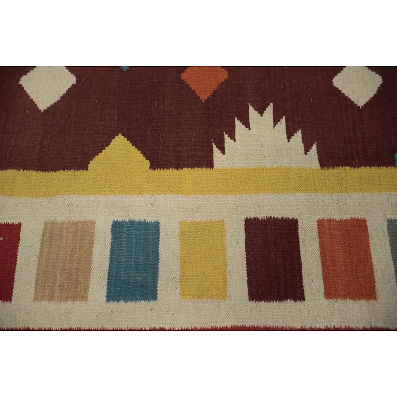 Hand Woven Oriental 100% Wool Carpet Southwestern Tribal Brown Kilim Area Rug - 9' 9'' X 8' 6''