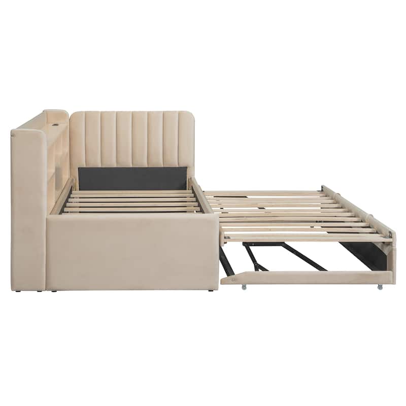 Twin Size Modern Upholstered Platform Bed with USB Ports & Trundle Bed, Floor Storage Daybed with Headboard & Wood Slat Support