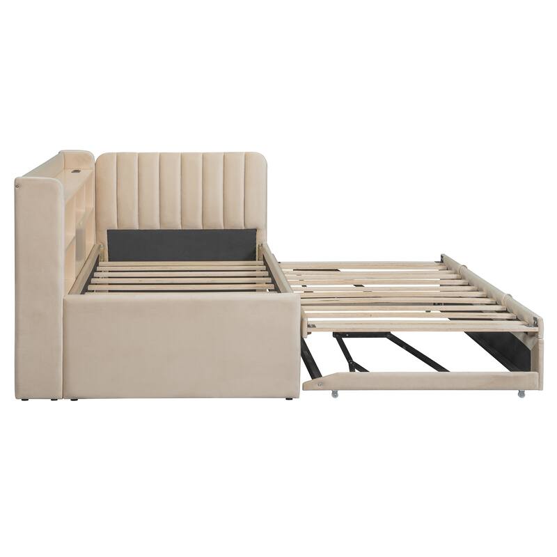 Velvet Upholstered Twin Daybed with Trundle, Storage Shelves & USB Charging (Beige)