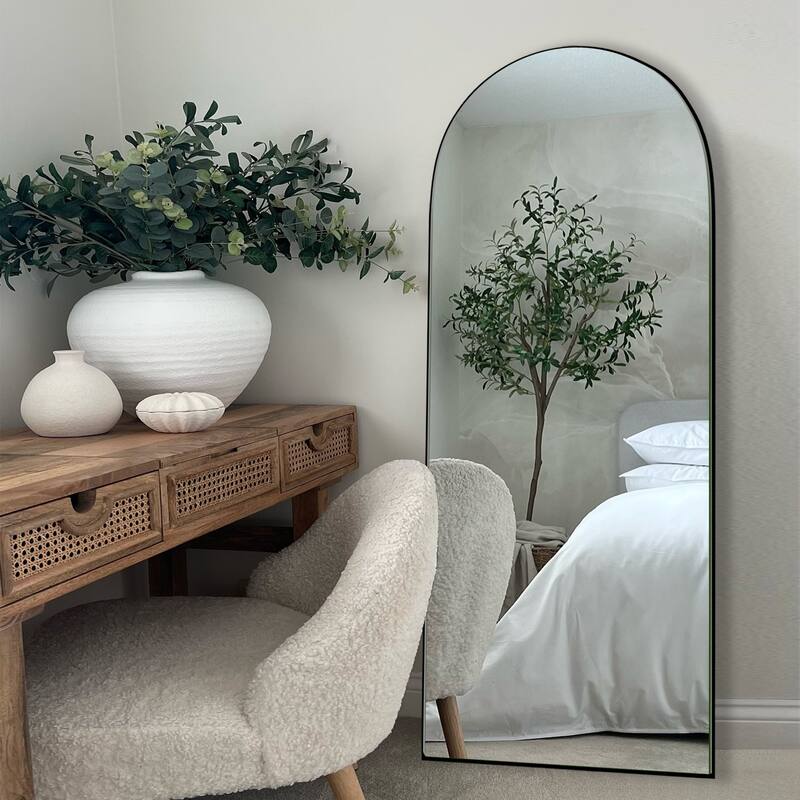 Modern Arched Full-Length Wood Floor Standing Mirror