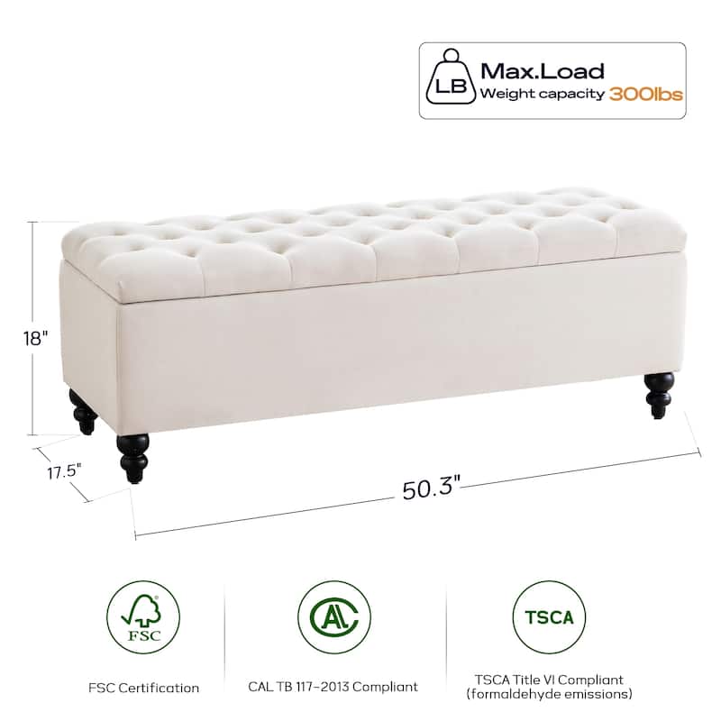 Button-Tufted Storage Bench Ottoman with Solid Wood Legs for Bedroom 50"W x 17.5"D x 18"H