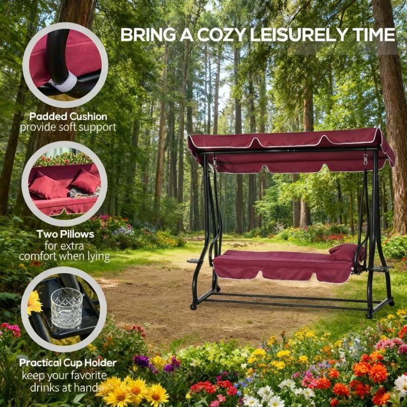 GDFStudio - 3-Seat Outdoor Swing Bench with Adjustable Canopy and Removable Cushions