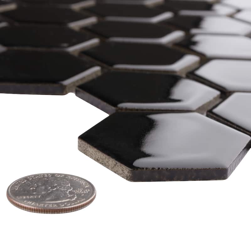 Merola Tile Hudson Due 2" Hex Glossy Black 10-7/8" x 12-5/8" Porcelain Mosaic Floor and Wall Tile