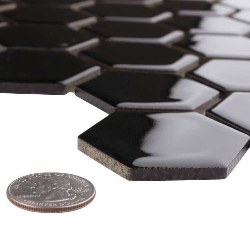Merola Tile Hudson Due 2" Hex Glossy Black 10-7/8" x 12-5/8" Porcelain Floor and Wall Tile