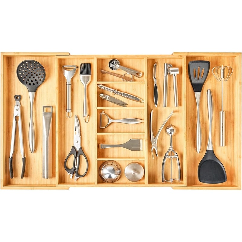 Expandable Kitchen Silverware Utensils Drawer Organizer, Adjustable Drawer Divider, Bamboo Wood Cutlery Tray Flatware Holder
