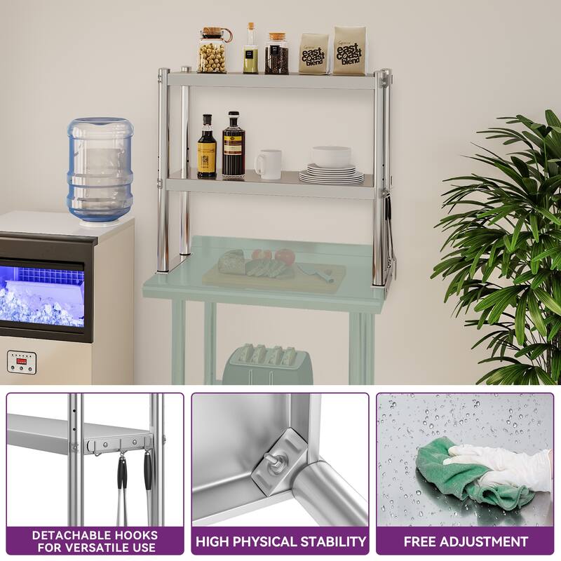 Stainless Steel Overshelf, 2 Tier Overshelf with Hook, Adjustable Double Overshelf for Kitchen Prep Table