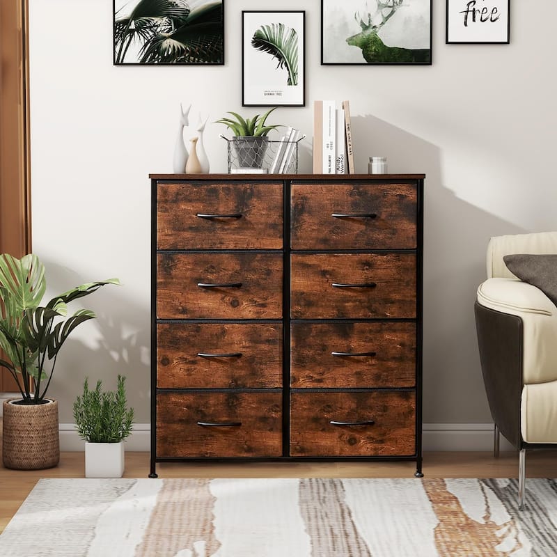 Dresser for Bedroom with 8 Drawers, Anti-Tip Tall Fabric Chests Storage Organizer Tower Furniture with Wooden Top Metal Frame