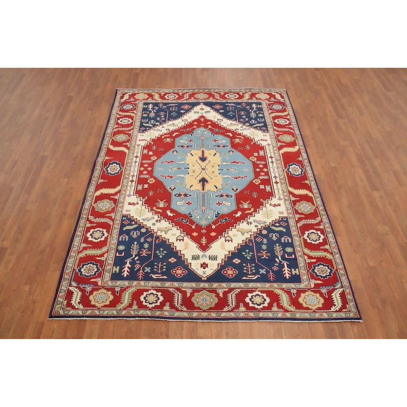 Hand Knotted Oriental 100% Wool Carpet Traditional Medallion Navy Blue & Blues Heriz Area Rug - 8' 8'' X 6' 3''