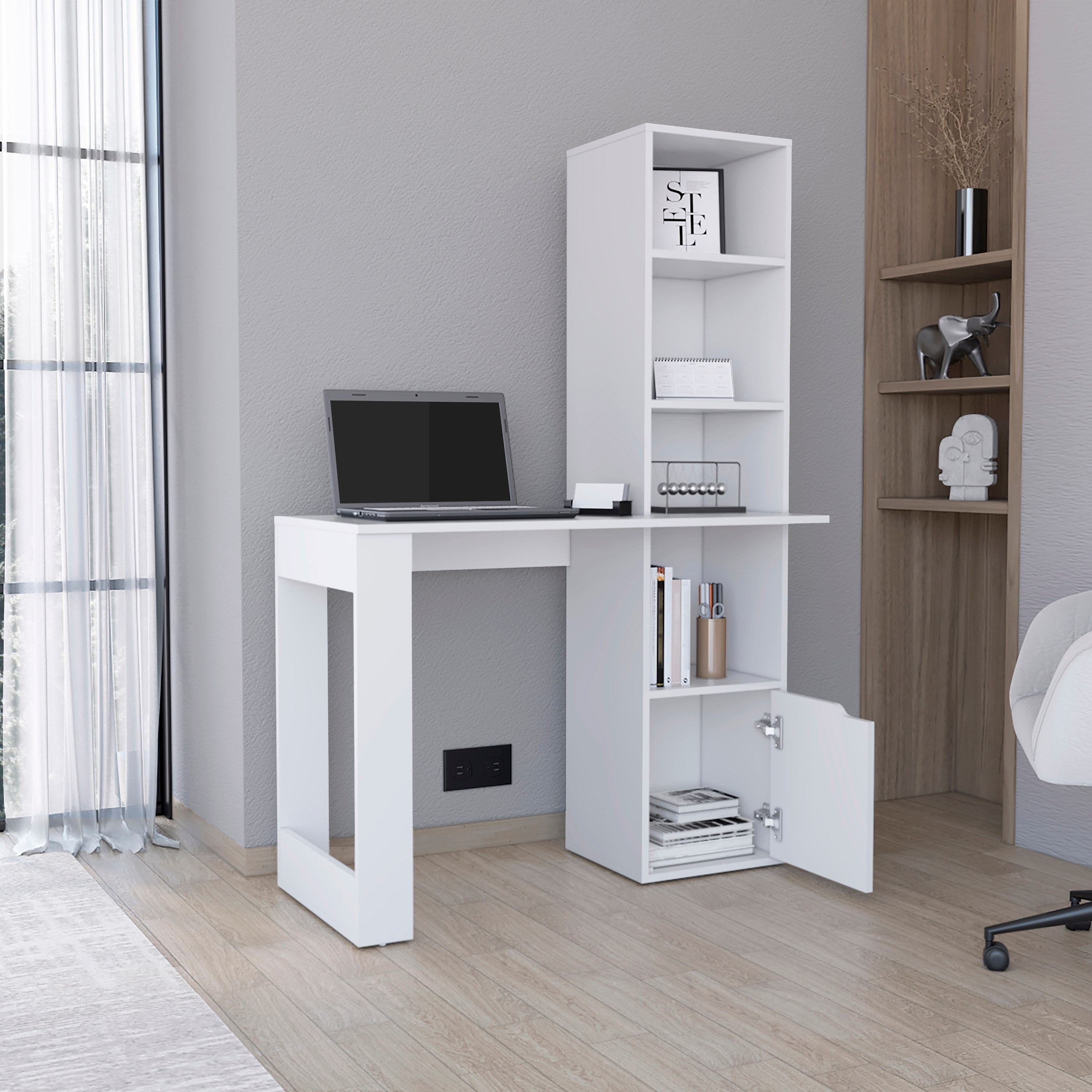 Computer Desk with 1-Cabinet and 4-Tier Bookcase