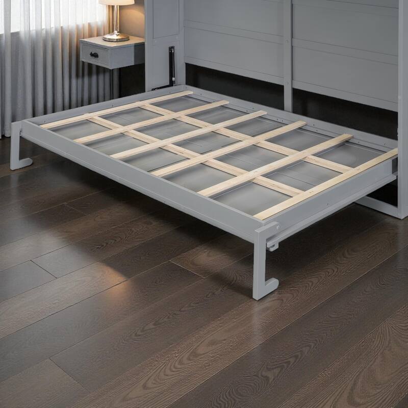 Full/Queen Size Murphy Wall Bed with Cabinet, Space-Saving Fold-Out Bed with Slat Support, No Box Spring Needed