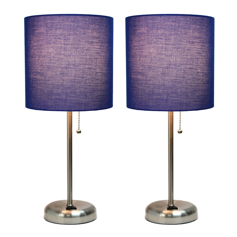 19.5 in. Brushed Steel Finish Table Lamp with Blue Shade, Durable Stick Lamp for End/Side Tables, Set of 2