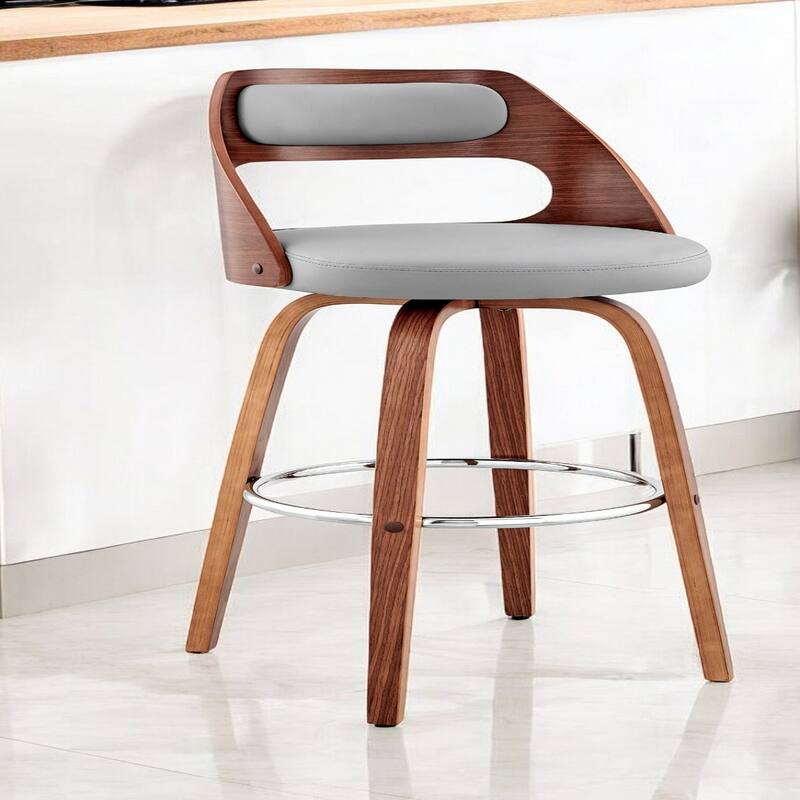 Faux Leather Swivel Bar Chair with Full Back and Walnut Wood Frame
