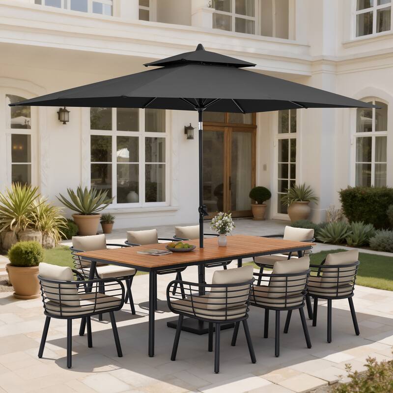 11PC Outdoor Patio Dining Set Aluminum Table with Sunbrella Cushion Chairs w/ Market Umbrella Sets - BrownTable&CabChairs&BlackUmbrella
