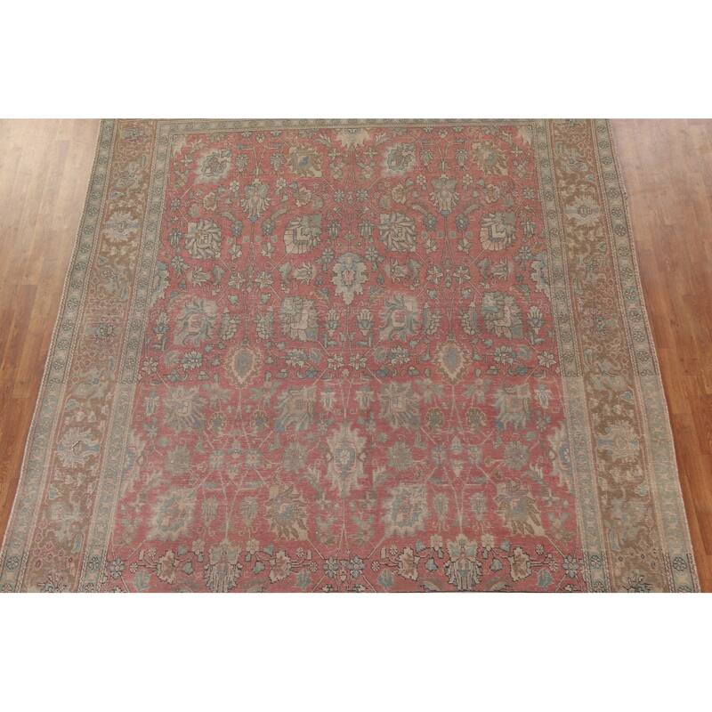 Pink Distressed Tabriz Persian Antique Rug Hand-knotted Wool Carpet - 9'5" x 12'3"