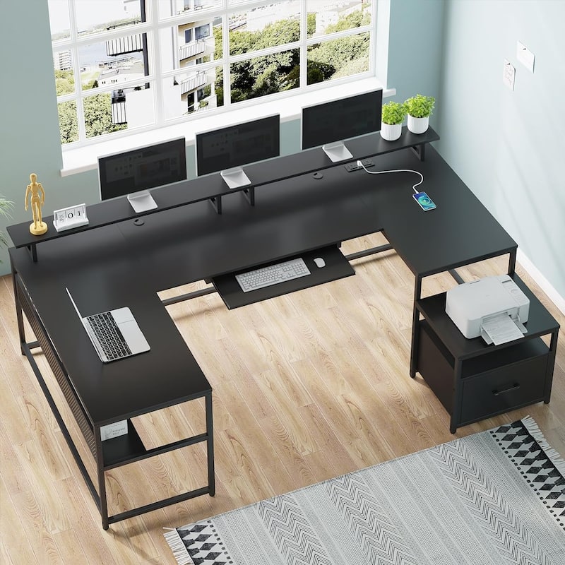 Reversible L Shaped Home Office Desk with File Drawer U Shaped Desk