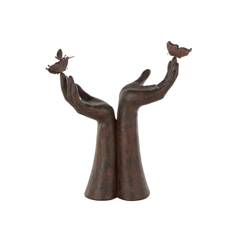 Dark Brown Polystone Raised Hands Decorative Sculpture with Butterfly Accents