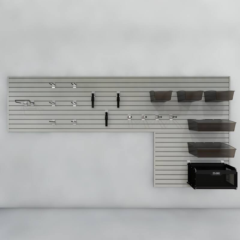 21 Piece Slatwall Panel, Hook, Bin Storage Set - Silver SlatWall