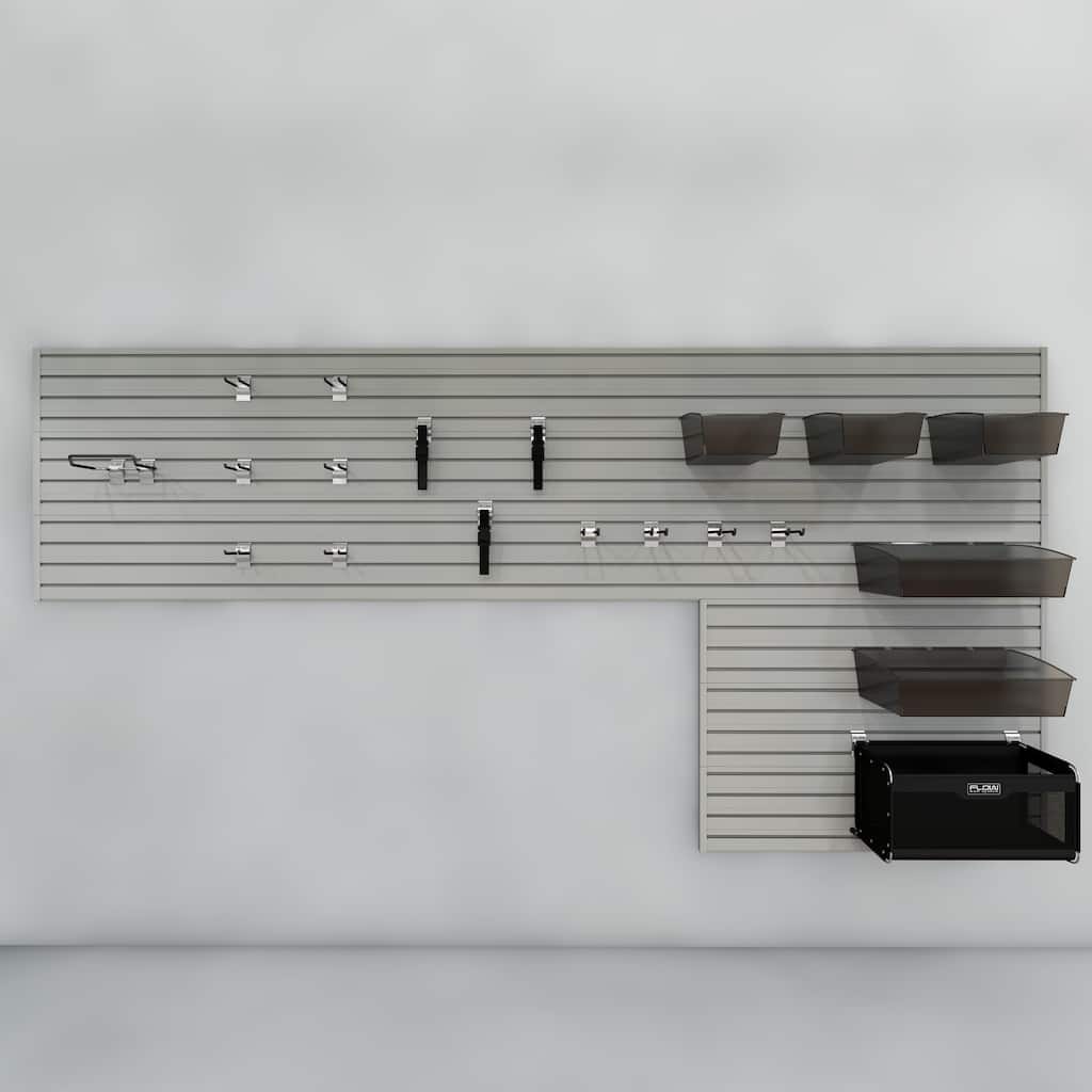 21 Piece Slatwall Panel, Hook, Bin Storage Set - Silver SlatWall