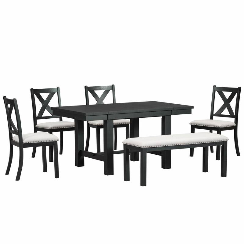 Farmhouse 82-inch 6-Piece Extendable Dining Table with Footrest, 4 Upholstered Dining Chairs and Dining Bench