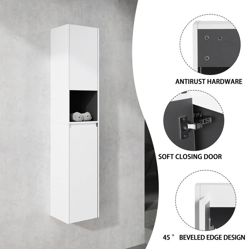 Modern Wall-Mounted Bathroom Side Cabinet with Soft-Close Doors, Floating Design, 6 Storage Compartments, 12-Inch Width