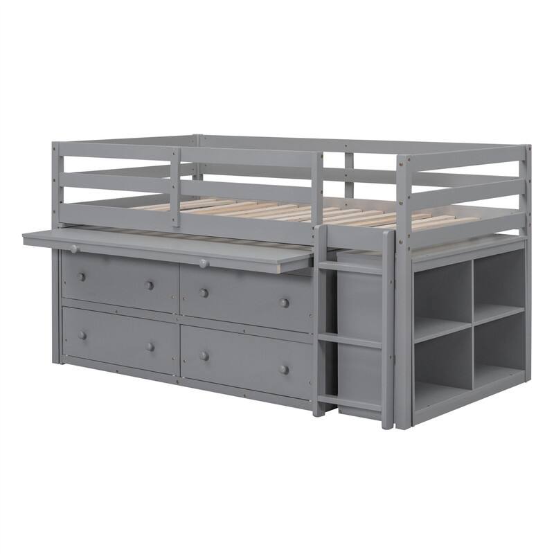 Twin/Full Size Low Loft Bed with Retractable Writing Desk and 4 Drawers, Wooden Loft Bedframe w/ Lateral Portable Desk & Shelves