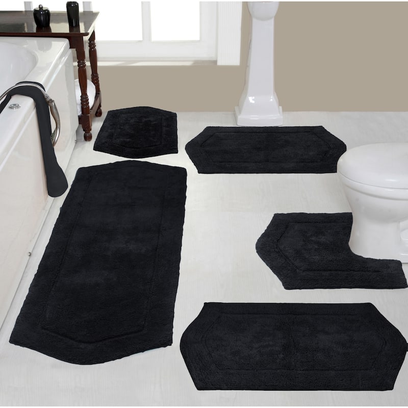Waterford Collection 100% Cotton Non-Slip Bathroom Rug Set, Machine Washable Bath Rug, 5 Piece Bath Mat Set with Contour - Black
