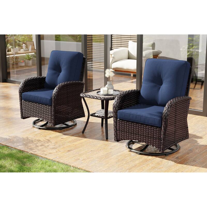 Cozywor 3-Piece Wicker Patio Swivel Outdoor Rocking Chair Conversation Set