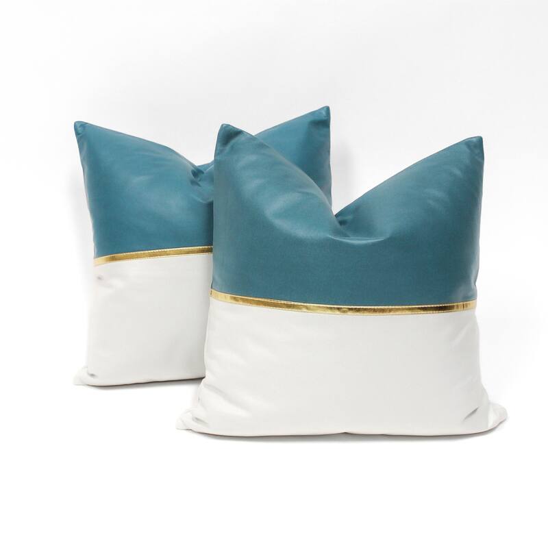Glow's Avenue Square Two-Tone Faux Leather Throw Pillow Cover Set of 2 - 20"W x 20"H - Blue & White