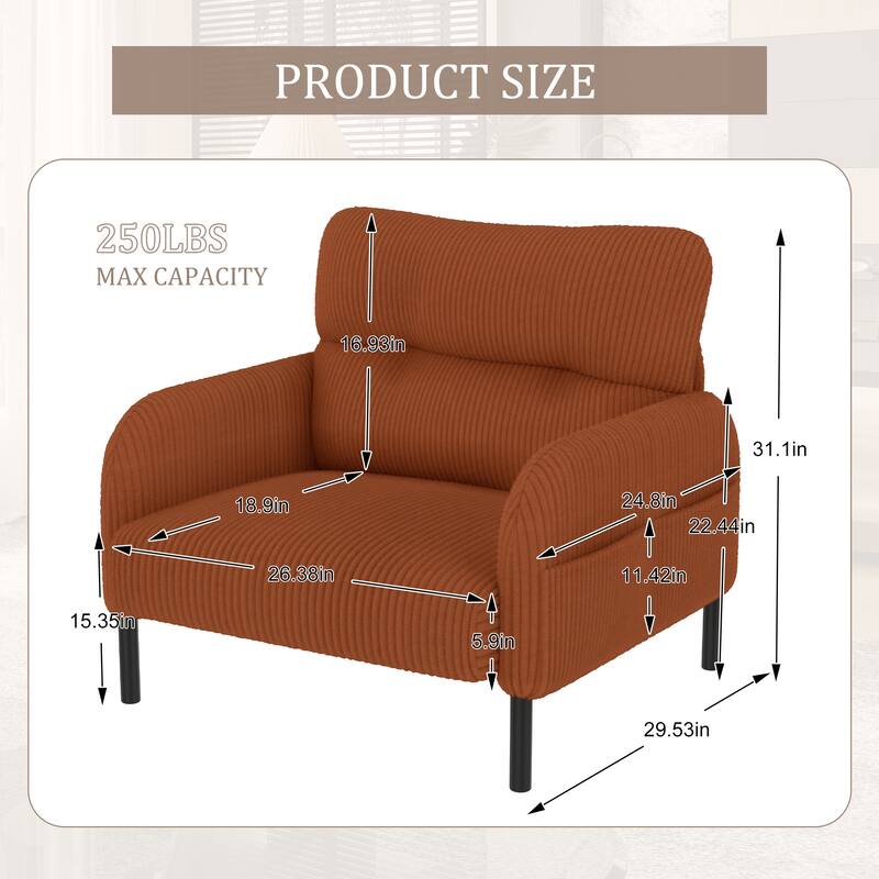 Corduroy Upholstered Single Sofa Chair, Lounge Reading Chair with Side Pockets, Armchair with Solid Wood Frame