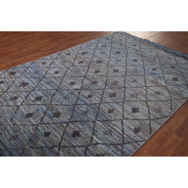 Blue Trellis Moroccan Area Rug Handmade Wool Carpet - 6'0"x 9'8"