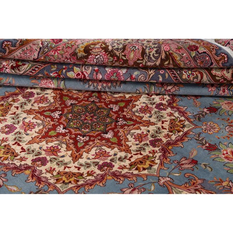 Hand Knotted Oriental 100% Wool Carpet Traditional Floral Navy Blue & Blues Tabriz Area Rug - 9' 9'' X 9' 10''