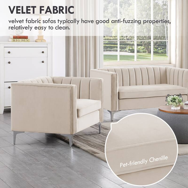 Morden Fort Modern 2 Pieces of Chair and Sofa Couch Set with Dutch Velvet Grey, Iron Legs