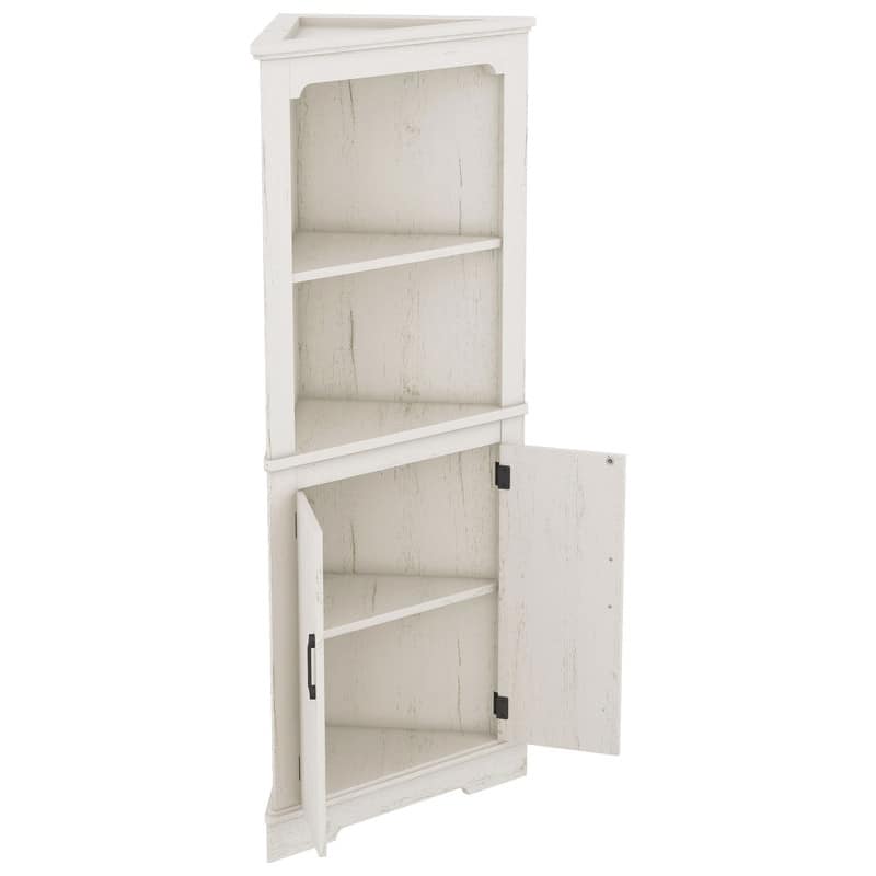 Corner Accent Cabinet with Barn Door & Open Shelves, Freestanding Corner Storage Cabinet