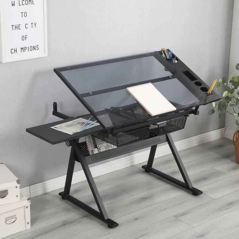 Drafting Table, 0-75° Adjustable Glass Top Artist Table, Height Adjustable Drafting Desk with Large Storage for Painting - Black